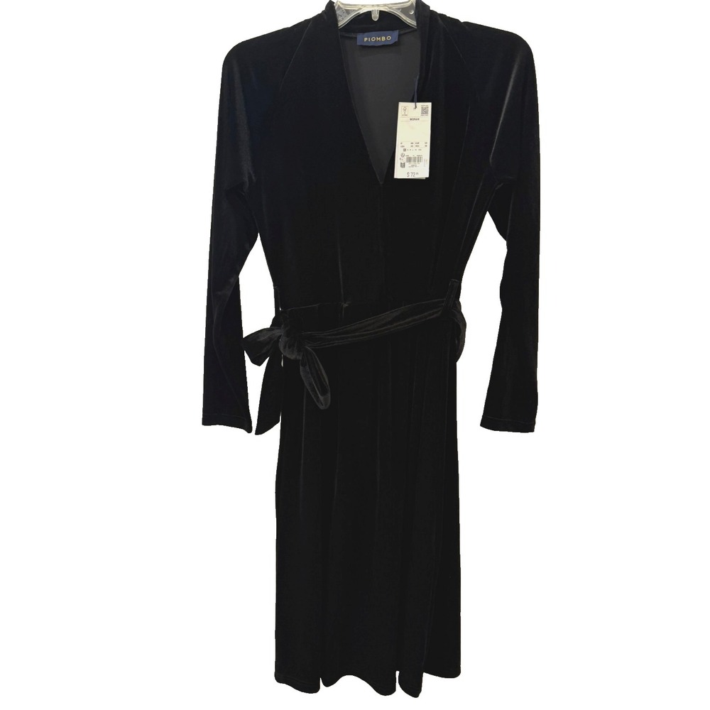 NWT Piombo Black Velvet Long Sleeve Midi Dress Belted Stretch Size XS‎